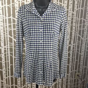 CAbi Mesh Second Skin Button Down Long Sleeve Shirt Blue Black White sz XS